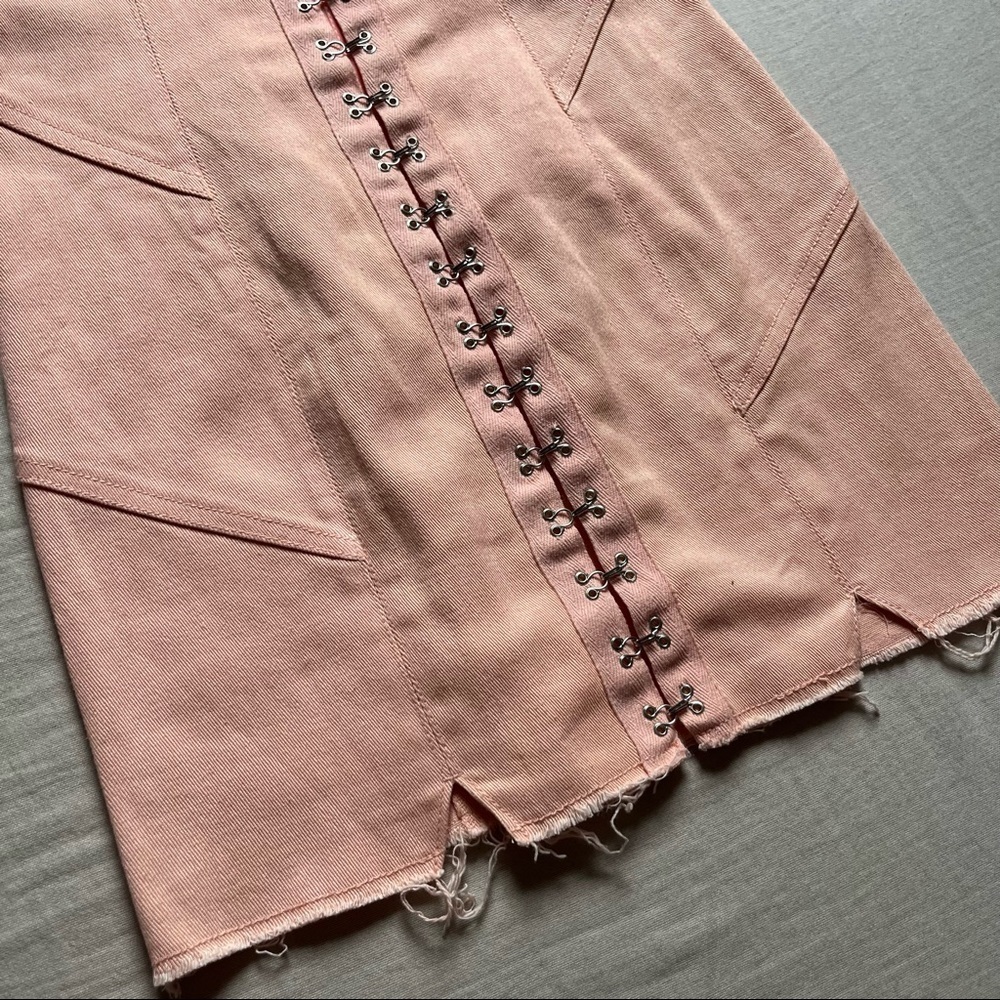 For Love and Lemons peach pink denim raw hem hook and eye detail mini dress - Picture 6 of 6